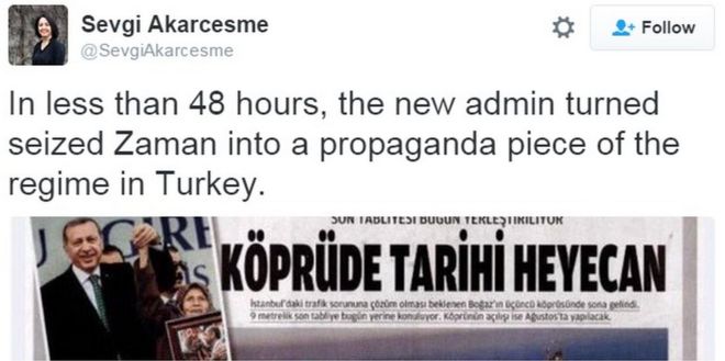 Твиттер бывшего журналиста «Заман» Севги Акарчесме нападает на владельцев своей старой газеты - 6 марта 2016 г.