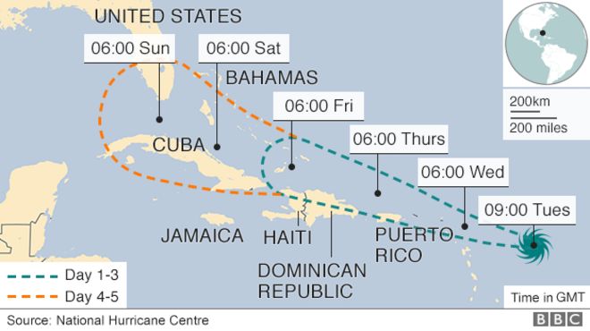 Карта с указанием предсказанного пути урагана Ирма