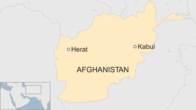 A map showing Herat in relation to Kabul within Afghanistan