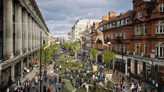 визуализация того, как может выглядеть Оксфорд-стрит в Лондоне после того, как западная часть была пешеходной