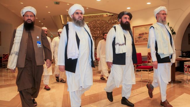 File photo showing Taliban negotiators arriving at Afghan peace talks in Doha, Qatar (12 August 2021)
