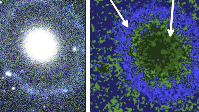 Imagen de la galaxia PGC 1000714 en la que se ve un centro rodeado de un anillo con colores diferentes
