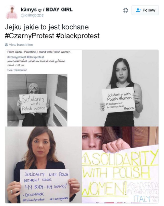 твит на польском языке, изображения женщин, несущих послания солидарности с активистами за выбор в Польше