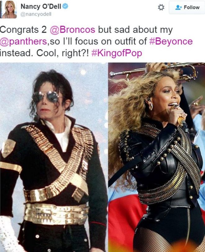 Tweet by Entertainment Сегодня вечером ведущая Нэнси О'Делл демонстрирует сходство одежды Бейонсе и Майкла Джексона - 7 февраля 2016