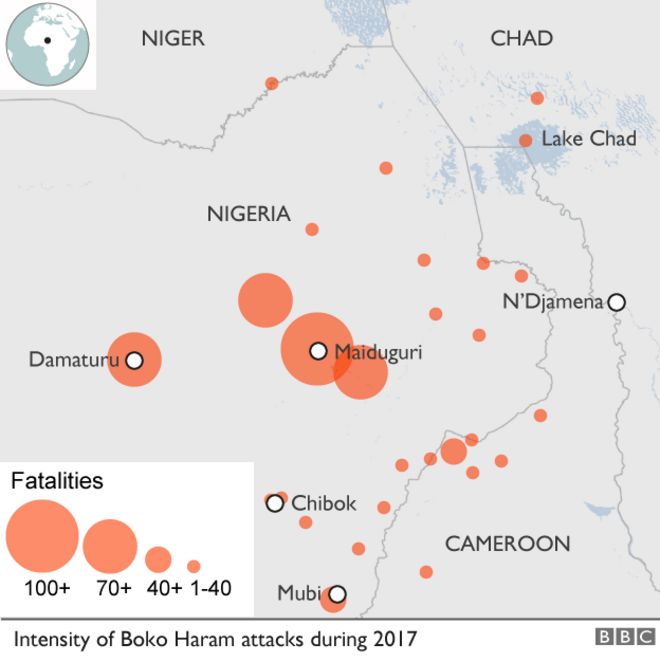 Карта, показывающая интенсивность атак Боко Харам в 2017 году