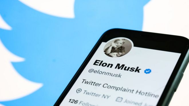 A composite image shows a mobile phone with Elon Musk's Twitter profile displayed, and the Twitter logo behind