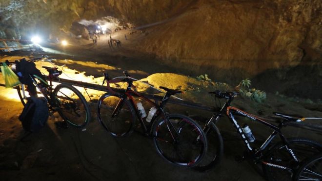 Bicycles and backpacks from the boys outside the cave