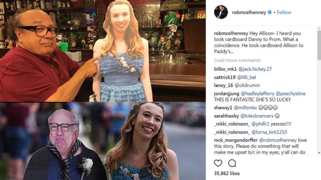 Скриншот страницы Instagram Роба Макеленни в Instagram. На нем две картины - одна с Эллисон с картонным вырезом Дэнни ДеВито и одна с Дэнни ДеВито с картонным вырезом Эллисон.