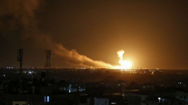 A ball of fire is seen following an Israel airstrike at Rafah in the southern Gaza Strip on 23 February 2020