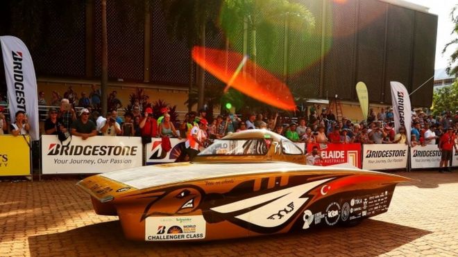 ITU Solar Car team vehicle B.O.W. ISTANBUL from Turkey leaves the start line in Darwin. Photo: 8 October 2017