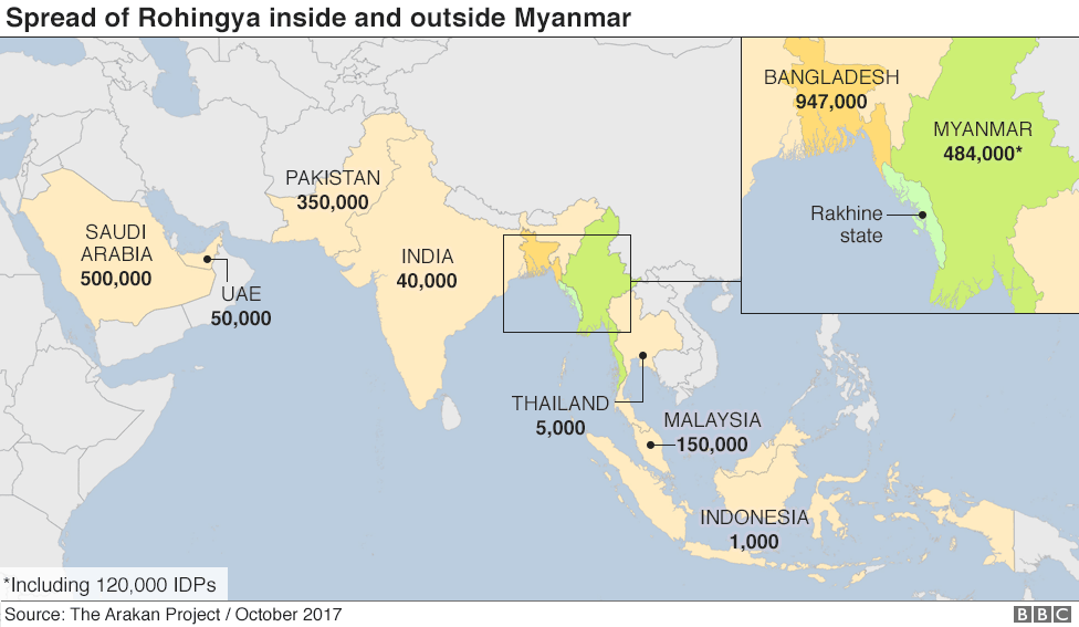 Карта, показывающая распространение рохинья внутри и за пределами Мьянмы