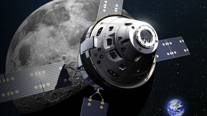 Ilustração da da nave espacial Órion chegando na Lua