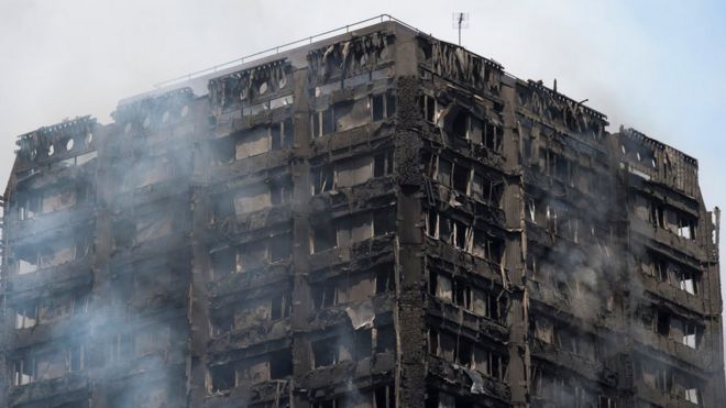 Сгоревшее здание блока Башни Грифелла в северной части Лондона