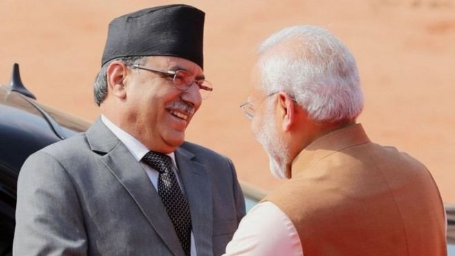 नेपाल के प्रधानमंत्री पुष्पकमल दाहाल और भारत के प्रधानमंत्री नरेंद्र मोदी