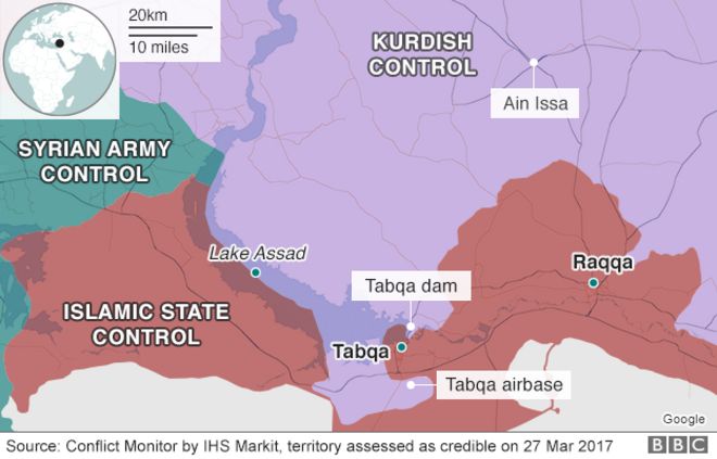 Карта, показывающая контроль над северным сирийским городом Ракка (27 марта 2017 года)