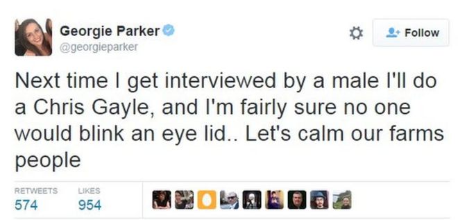 Джорджи Паркер пишет в Твиттере: «В следующий раз, когда я буду брать интервью у мужчины, я сделаю Крис Гейл, и я почти уверен, что никто не будет моргать прикрытием глаза. Давайте успокоим наших людей на фермах».