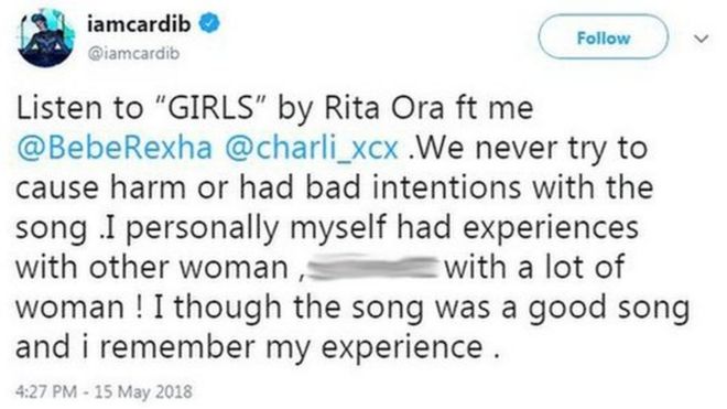Твит Карди Би: «Слушайте« Девочек »Риты Ора с участием меня, Бебе Рекши, Чарли XCX. Мы никогда не пытаемся причинить вред или имели плохие намерения с песней. Я лично сам имел опыт общения с другой женщиной, [ругательством] с большим количеством женщин. Я думал, что эта песня была хорошей, и я помню свой опыт. & Quot;