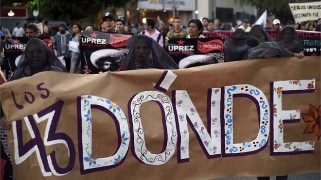 Группа женщин держит плакат с надписью «Где 43?». во время демонстрации с требованием предоставить информацию о местонахождении 43 пропавших учеников из Айотзинапы в Мехико 5 ноября 2014 года.