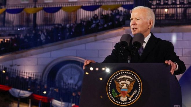 U.S. President Joe Biden delivers remarks ahead of the one year anniversary of Russia's invasion of Ukraine, outside the Royal Castle, in Warsaw, Poland, February 21, 2023