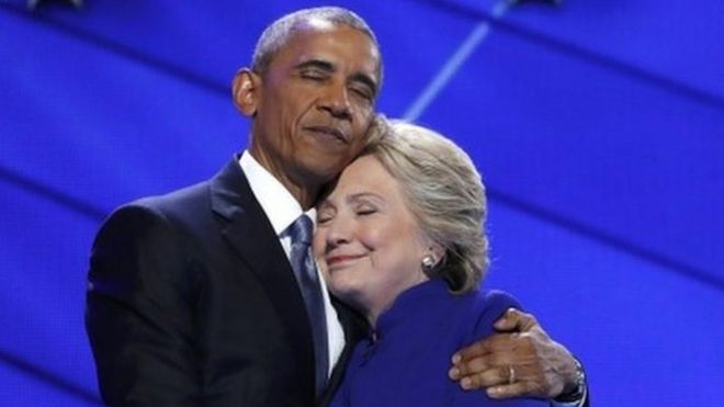 US President Barack Obama greets Democratic presidential nominee Hillary Clinton at the end of the third day of the Democratic convention.