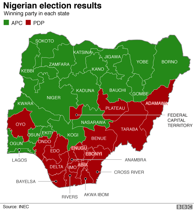 Карта, показывающая результаты выборов по всей стране