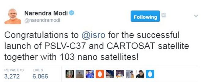 Поздравляем @isro с успешным запуском спутников PSLV-C37 и CARTOSAT вместе с 103 наноспутниками!
