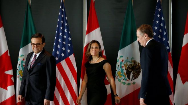 Министр экономики Мексики Гуахардо, министр иностранных дел Канады Фриланд и торговый представитель США Роберт Лайтхайзер