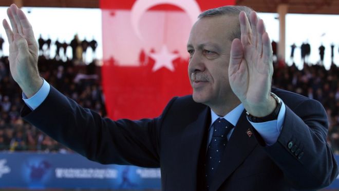 Turkey"s President Recep Tayyip Erdogan salutes as he arrives to attend a ceremony marking the 102nd anniversary of Gallipoli campaign, in the Aegean port of Canakkale, near Gallipoli