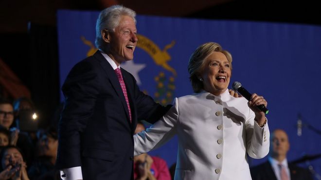 Democratic presidential nominee Hillary Clinton (L) and her husband former US President Bill Clinton in Las Vegas, Nevada.