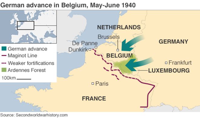Карта немецкого продвижения в Бельгии