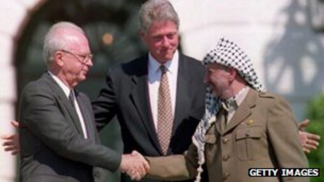 Ицхак Рабин и Ясир Арафат пожимают друг другу руки, на них смотрит Билл Клинтон