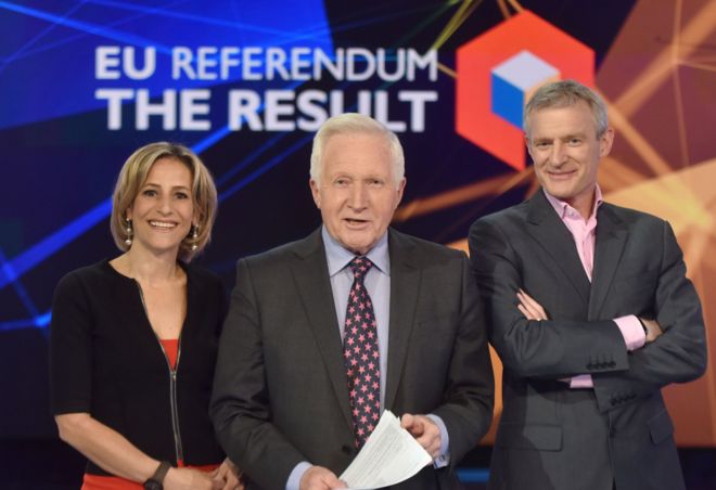 Эмили Мейтлис, Дэвид Димблби, Джереми Вайн, освещающий референдум ЕС 2016 года