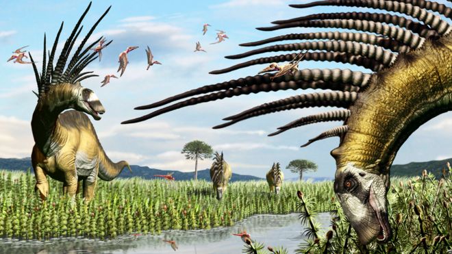Ilustración de dos dinosaurios Bajadasaurus pronuspinax