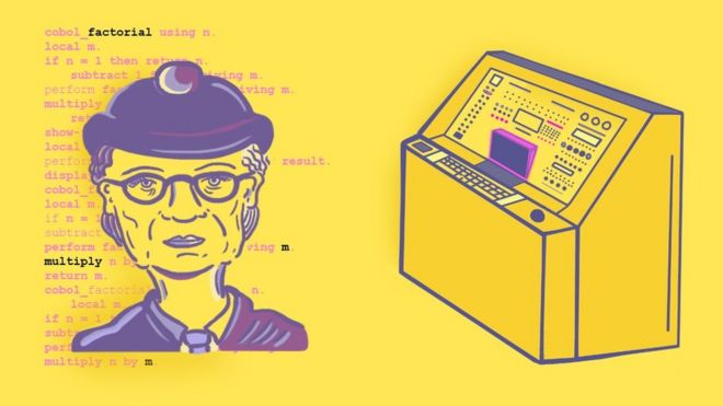 Illustration of Grace Hopper and a computer