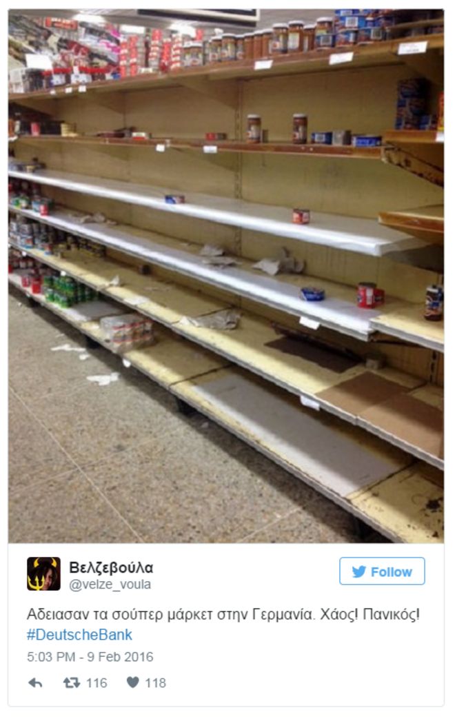 "Они опустошили супермаркеты в Германии. Хаос! ! Panic & Quot; Этот твит с шуткой включает в себя картину, которая на самом деле из Венесуэлы