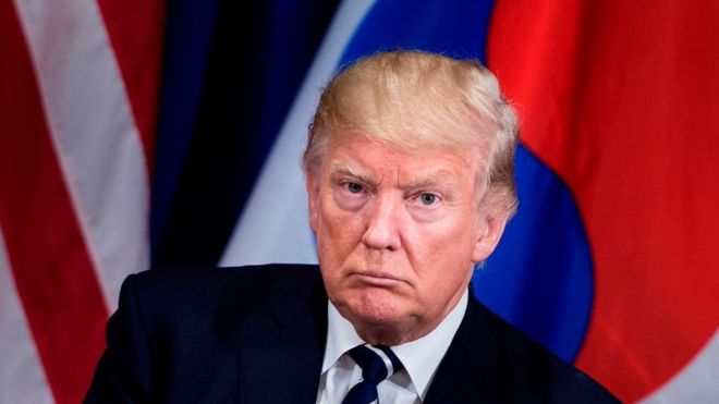 US President Donald Trump waits for a meeting with South Korea's President Moon Jae-in at the Palace Hotel during the 72nd United Nations General Assembly 21 September 2017 in New York City.