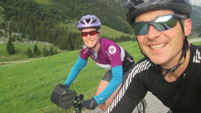 Selfie of Dan and Esther cycling