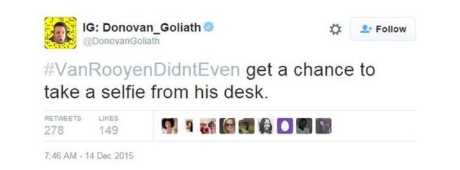 @DonovanGoliath пишет: #VanRooyenDidntEven получает шанс сделать селфи со своего стола.