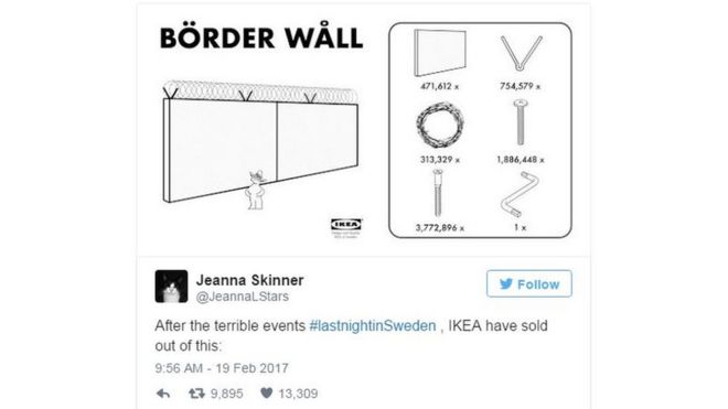 Tweet высмеивает комментарии Трампа Швеции, издеваясь над пограничной стеной в стиле Ikea