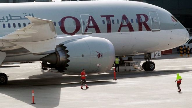 A Qatar Airways aircraft at Hamad International Airport in Doha, Qatar, June 7, 2017