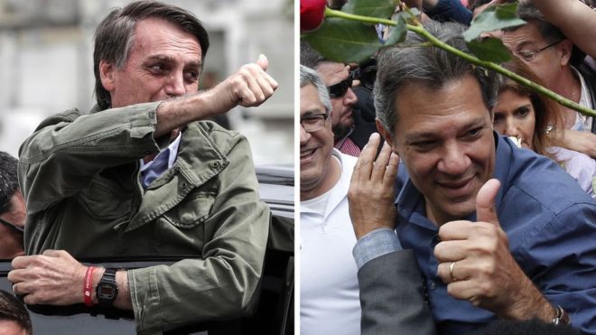 Bolsonaro e Haddad ao votar, neste domingo