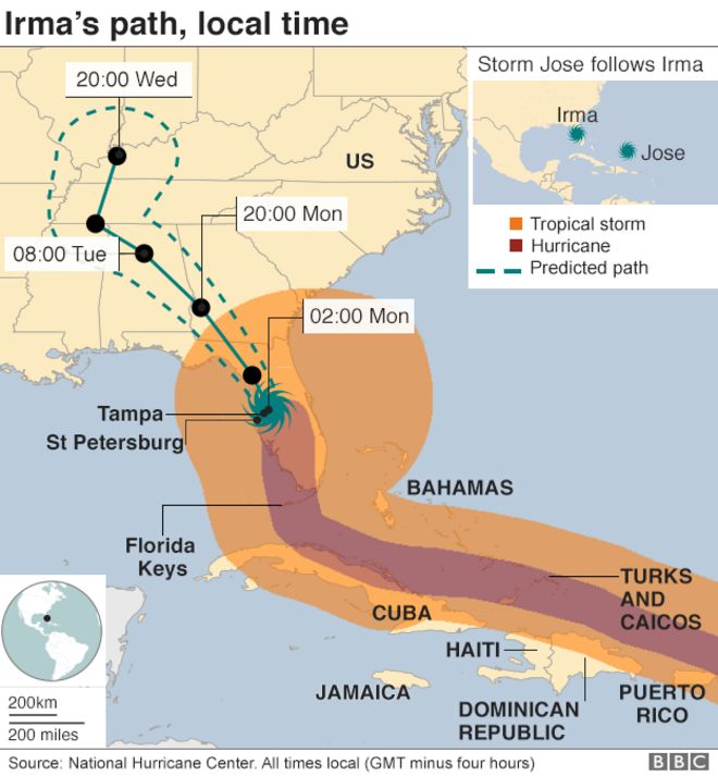 Карта, показывающая предполагаемый путь урагана Ирма