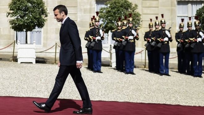 French newly elected President Emmanuel Macron arrives at the Elysee presidential Palace for the handover and inauguration ceremonies on May 14, 2017 in Paris.