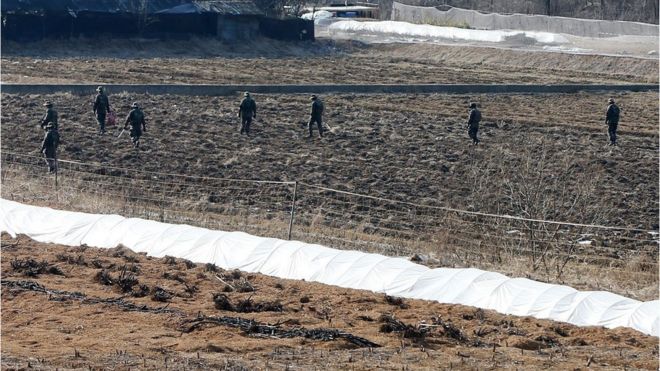 Южнокорейские солдаты ищут в сельской местности северокорейские брошюры