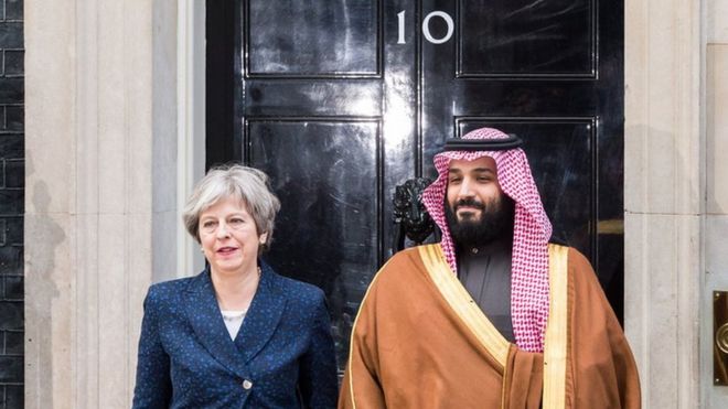 Saudi Crown Prince Mohammad bin Salman with British Prime Minister Theresa May outside 10 Downing Street