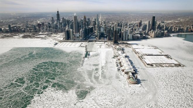 Chicago skyline with lake frozen