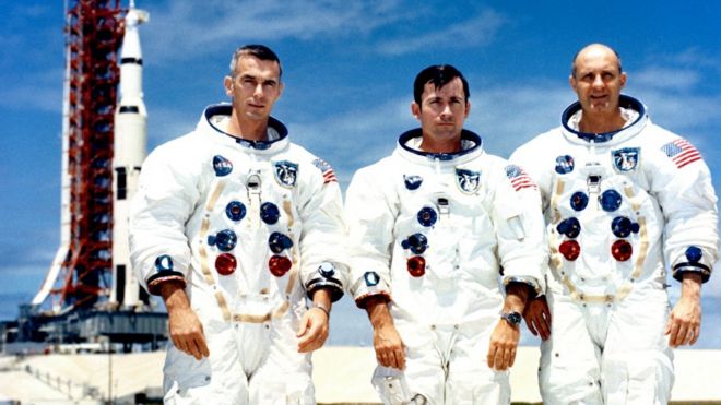 Экипаж «Аполлона-10» (L-R) Юджин Кернан, Джон Янг и Томас Стаффорд в Космическом центре им. Кеннеди, Флорида, 13 мая 1969 года
