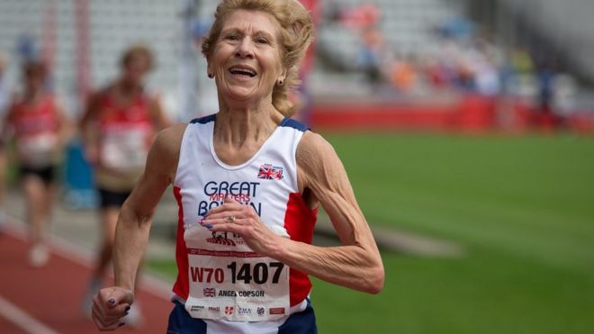 Angela Copson, 70, runs to a new world record in the women's 10,000m race. Her time of 44.25mins was a whole 3 minutes faster than the existing European record for this distance in her age group (70-74 year old) and 18 seconds faster than the existing world record.