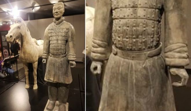 Imagem e detalhe da estátua de guerreiro de terracota sem polegar esquerdo