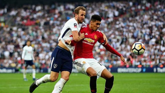 Harry Kane akichuana na Chris Smalling katika mchezo wa kombe la Fa